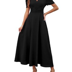 Women's Solid Color V-Neck A-Line Maxi Dress for Women | New Year Party Outfit | Waist Cinched Puff Sleeve Western | Elegant Casual Wear
