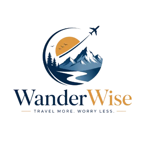 WanderWise tour and travel logo featuring mountains, a sunrise, pine trees, a winding road, and an airplane, symbolizing adventure, exploration, and memorable travel experiences.