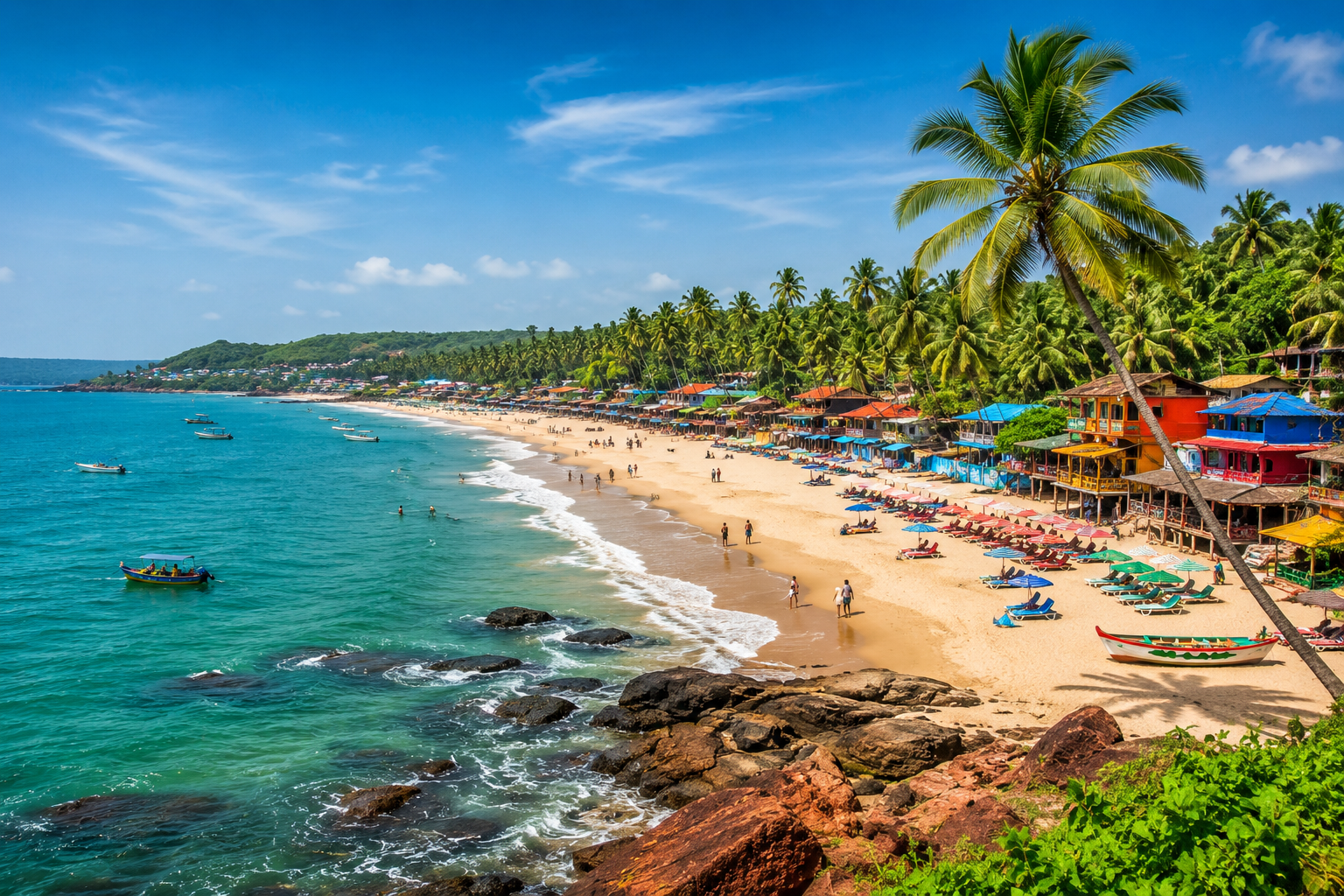 Beautiful Goa beach with golden sand, palm trees, and turquoise waters featured in the WanderWise Goa Holiday Tour Package. Wanderwise travel agency in India